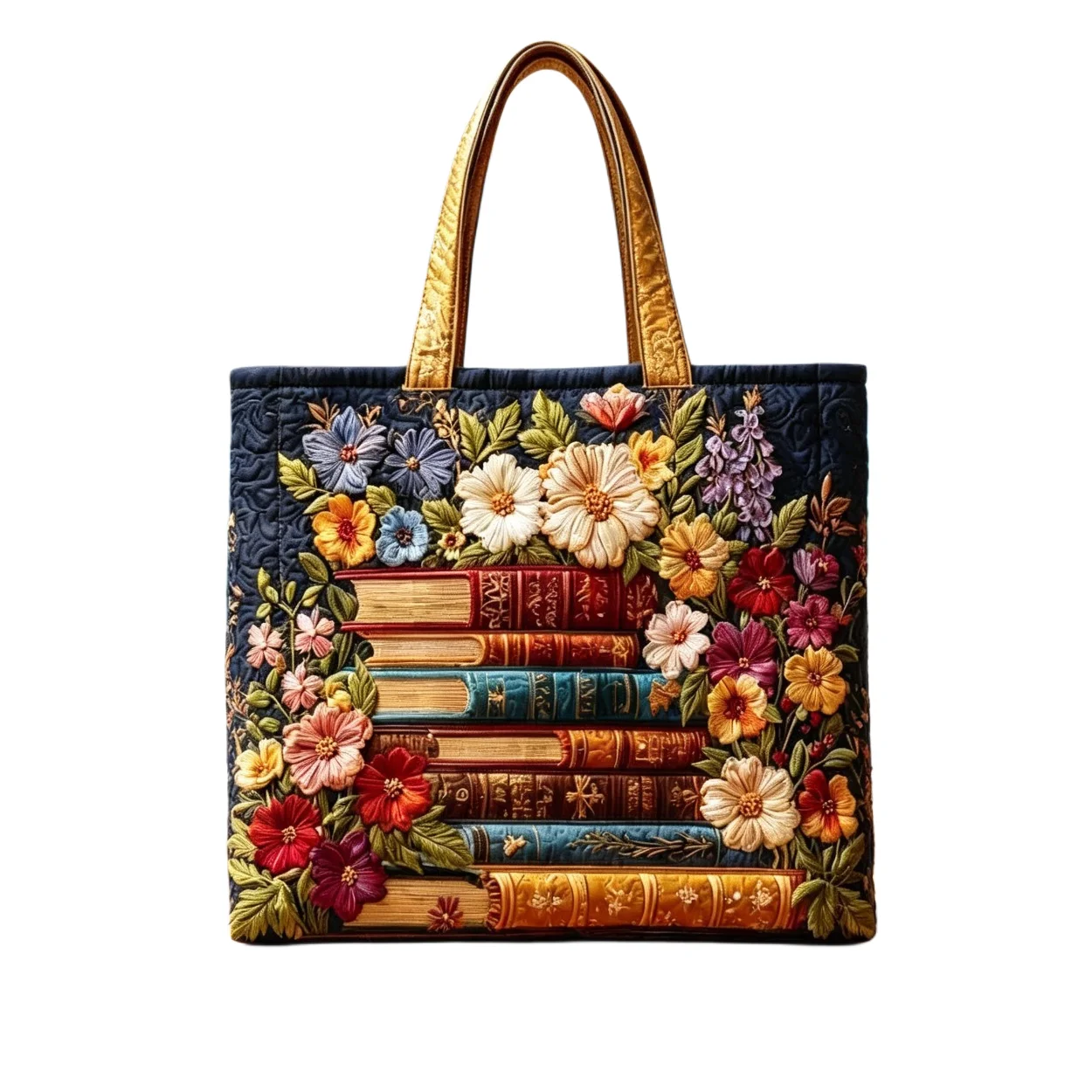 Vintage Books Wildflowers Quilted Tote Bag Women's Fashion Large Capacity Shopping Shoulder Bag