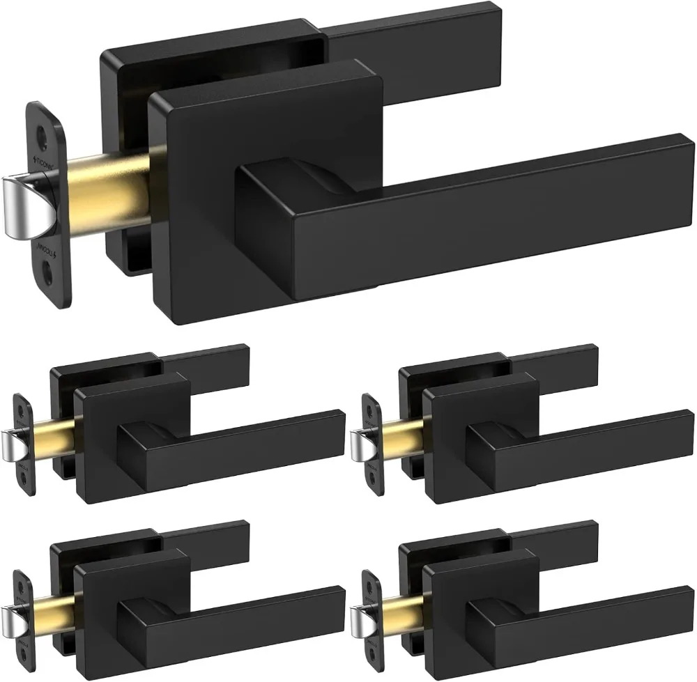 TICONN 5Pk Door Handle Heavy Duty, Reversible Square Door Lever for Bedroom, Bathroom and Rooms (Black, Passage, 5 Pack)