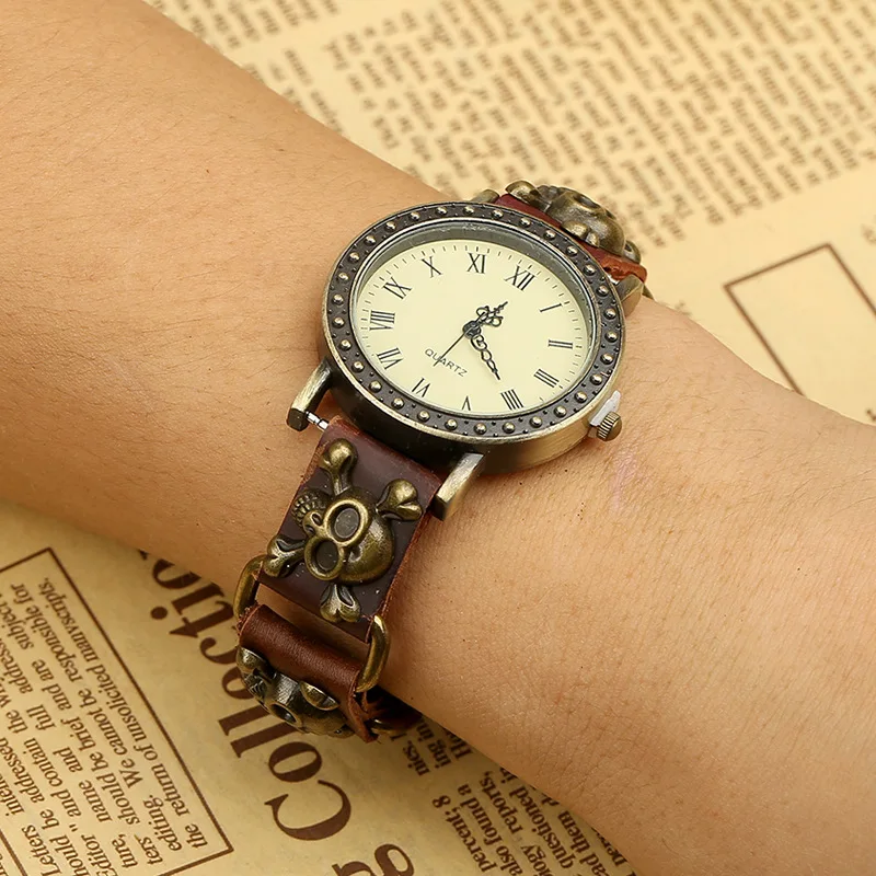 New Fashion Women Genuine Leather Quartz Wrist Watch Female Watches Vintage Alloy Skull Accessories Bracelets Belt Buckle Bangle