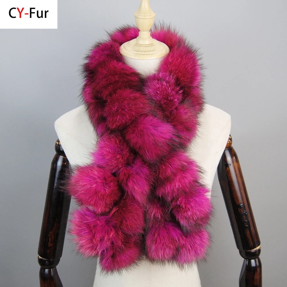 New Style Fashion Luxury Women Real Raccoon Fur Scarves Pompom Lady Winter Warm Natural Fox Fur Scarf Fluffy Genuine Fur Muffler