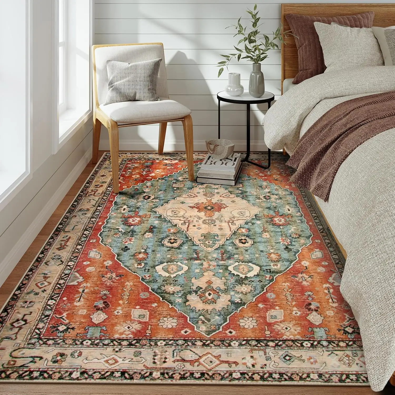 new Boho Tribal Area Rug - 5x7 Large Washable Living Bedroom Rug Distressed Oriental Non-Slip Non-Shedding Print Floor Carpet