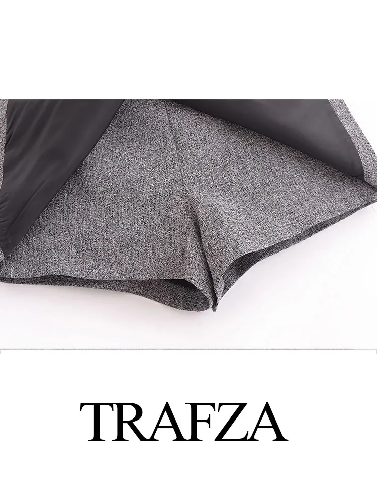 Trafza retro trespassado cintura alta zíper lateral feminino verão magro mini shorts + feminino commuter curto de malha blazer