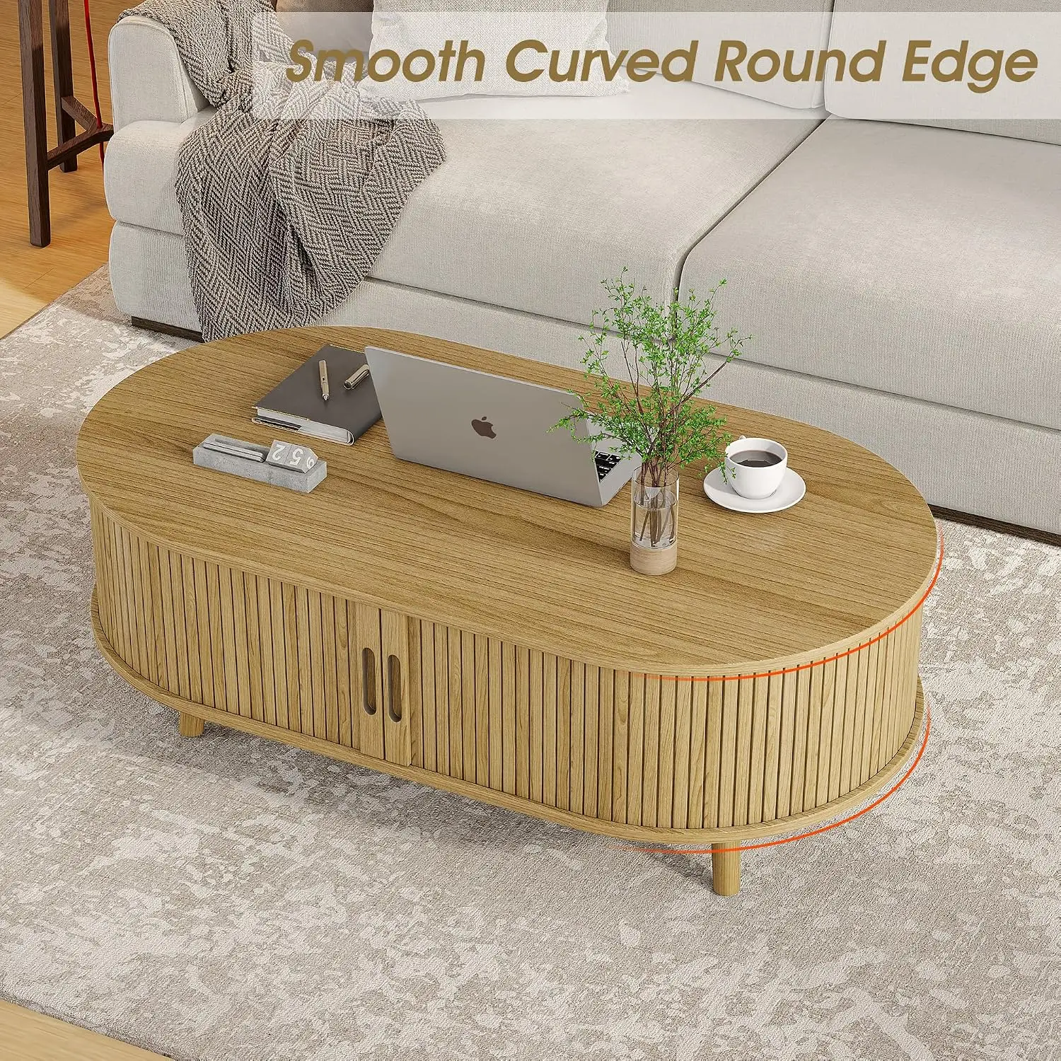 Oval Coffee Table Mid Century Modern Sliding Door Fluted Storage Accent Living Room Office 42.5