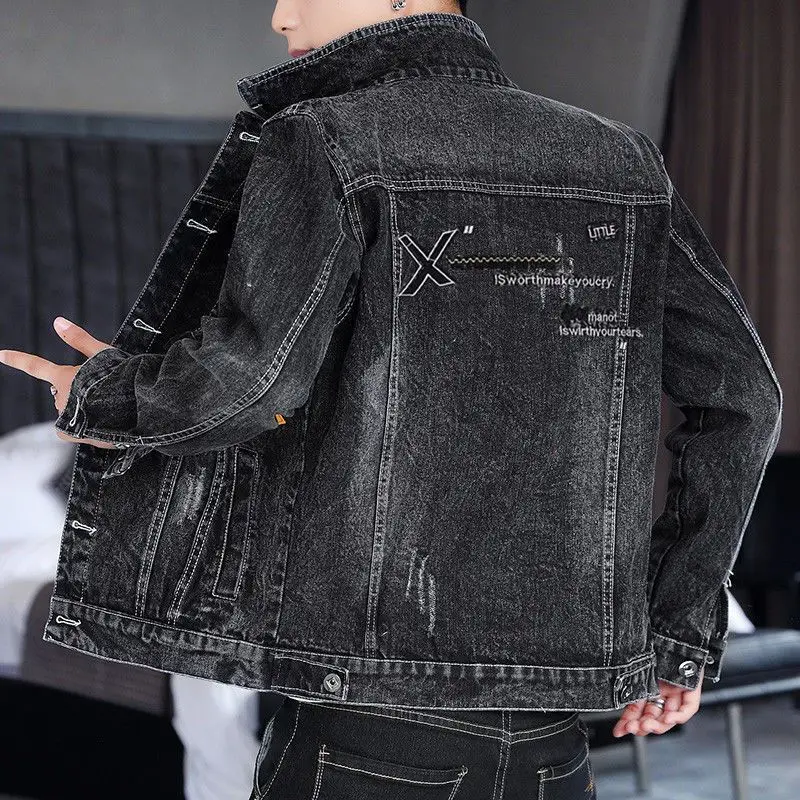 Jeans Coat for Men Overcoat Black Denim Jackets Man Punk with Embroidery Loose Fashion Large Size Lxury Worn Washed Designer G L