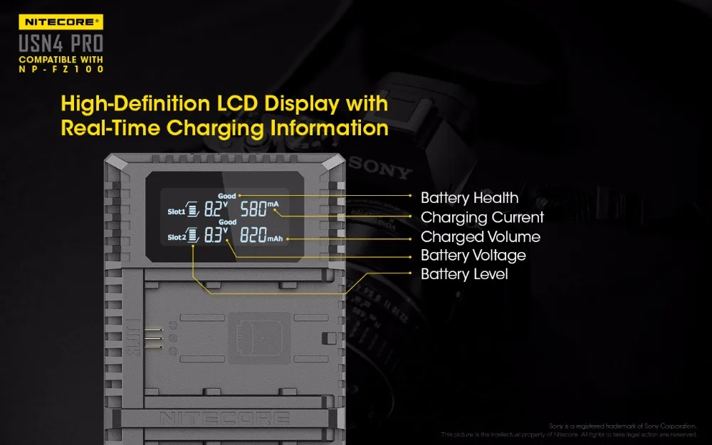 NITECORE USN4 PRO Sony Camera Charger Dual Slot USB intelligent Fast Charger NP-FZ100 Battery for SONY α7III α7R III α9 (ILCE-9)