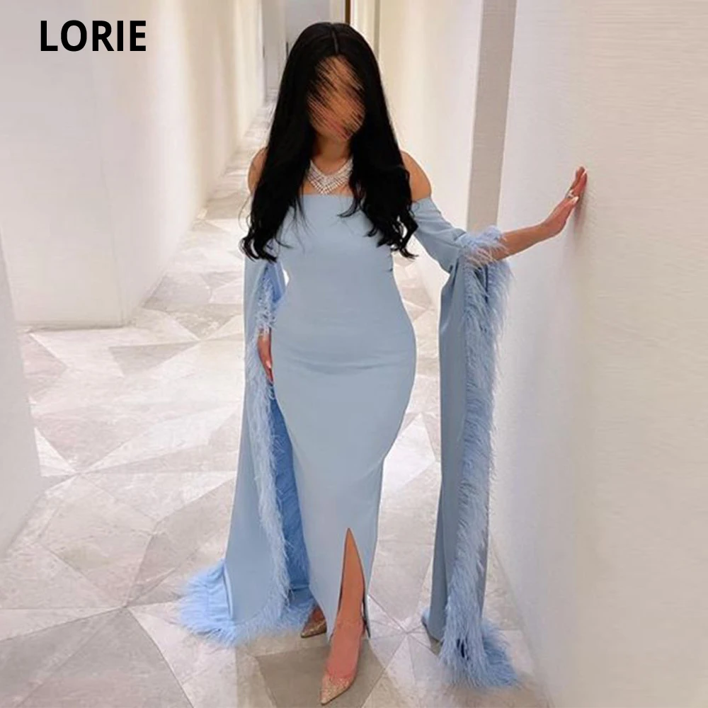

LORIE Sky Blue Mermaid Evening Dress Off Shoulder 2023 Prom Dress Luxury Prom Gown Feathers Leg Slit Formal Saudi Arabric Dubai