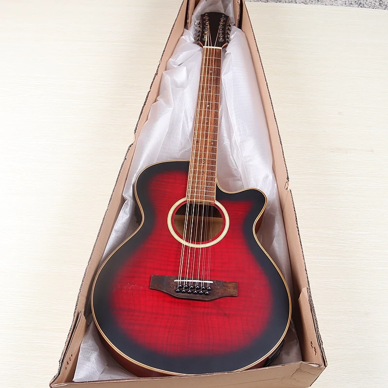 12弦エレクトリックアコースティックギター フレイムオークトップ 40インチ カッタウェイデザイン EQ付き フォークギター 欠陥あり ブラウン&サンバースト&レッド