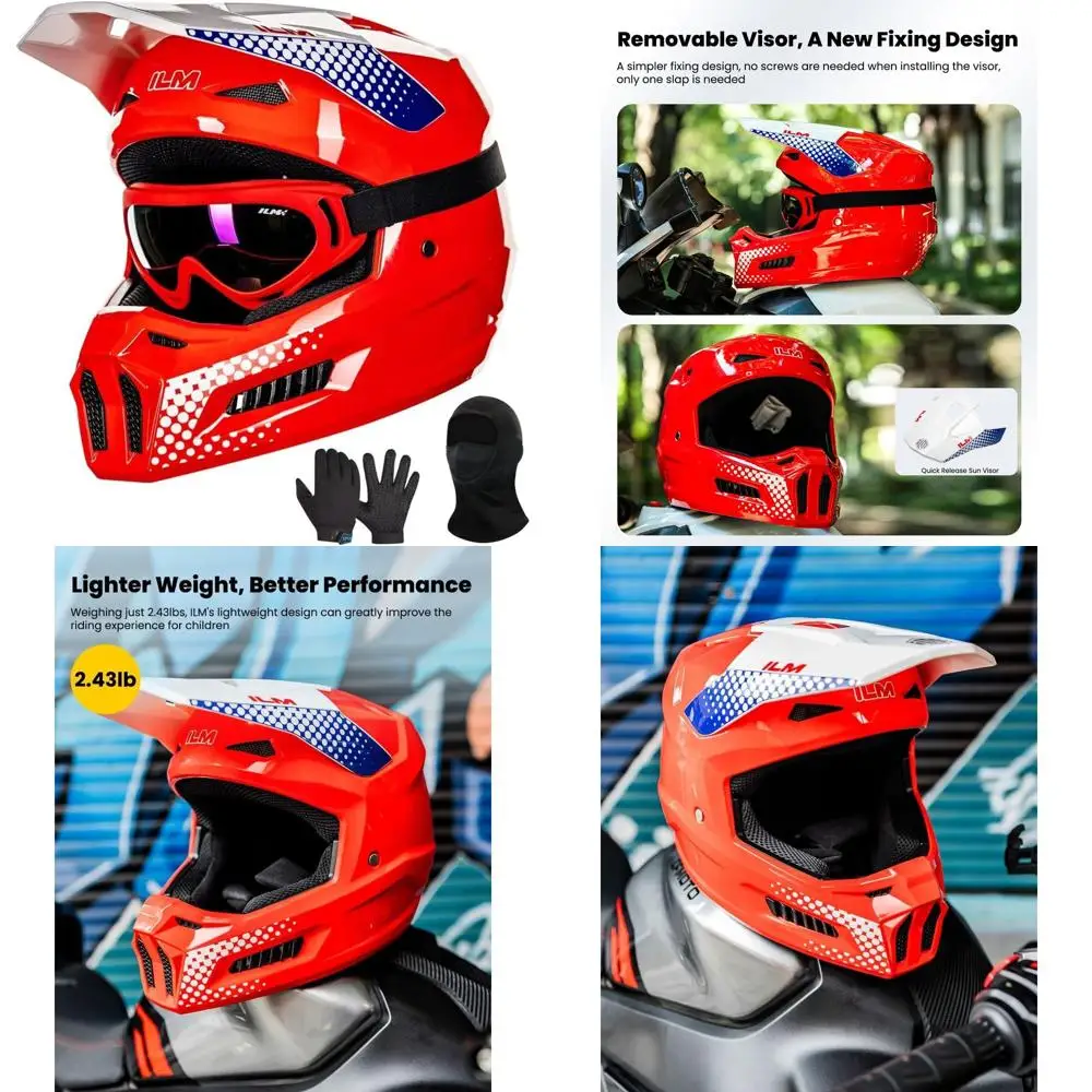 Youth Dirt Bike Helmet with Goggles, Gloves, and Mask for Kids ATV, BMX, and Off-Road Riding (Popart Red, Youth-Medium)
