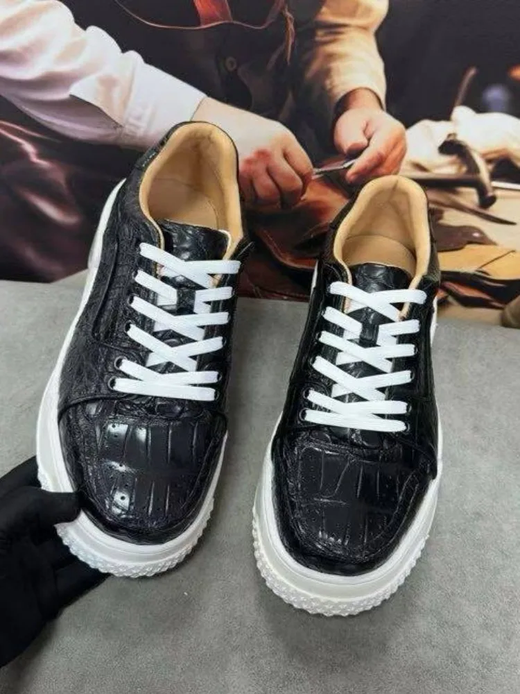 Fashion Men Quality Crocodile Skin Sneakers Handmade Genuine Leather Footwear Male Running Shoes Lace Up Thick Soled Black Shoes