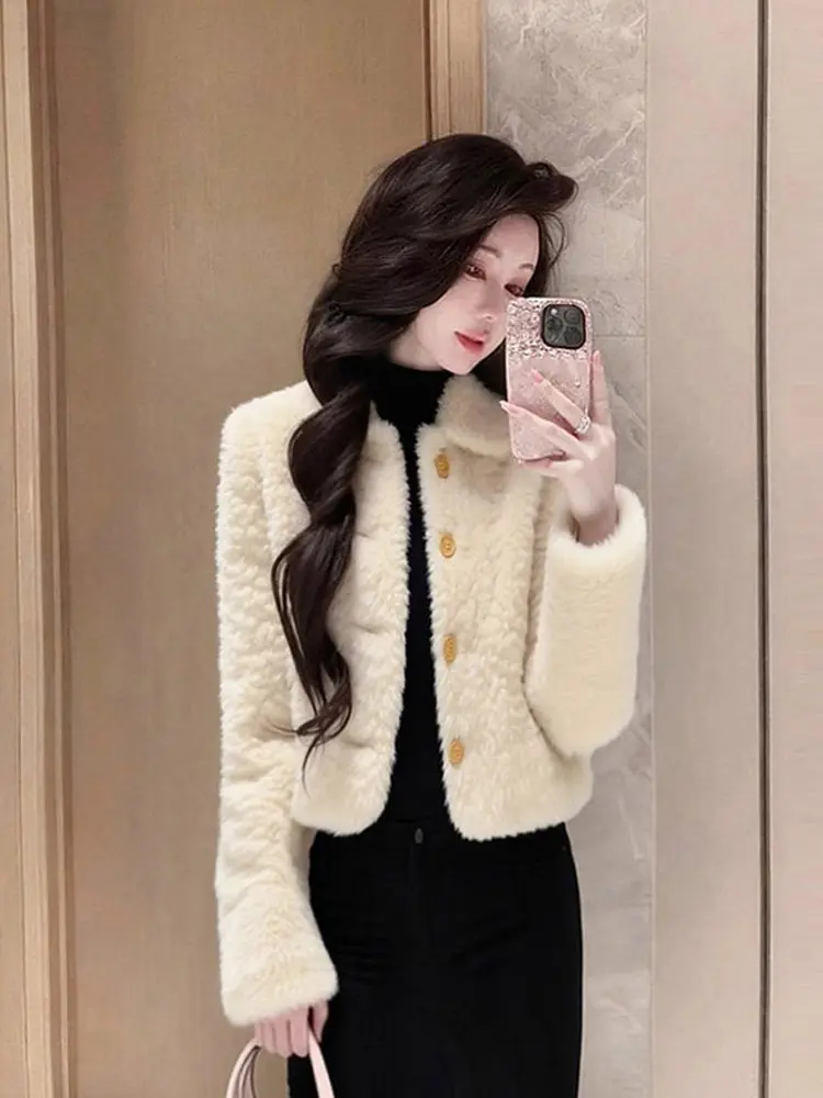 

Светло-розовая шуба из овечьего меха для женщин, зимняя, модная, теплая, с воротником из искусственного меха, утолщенная, свободного кроя