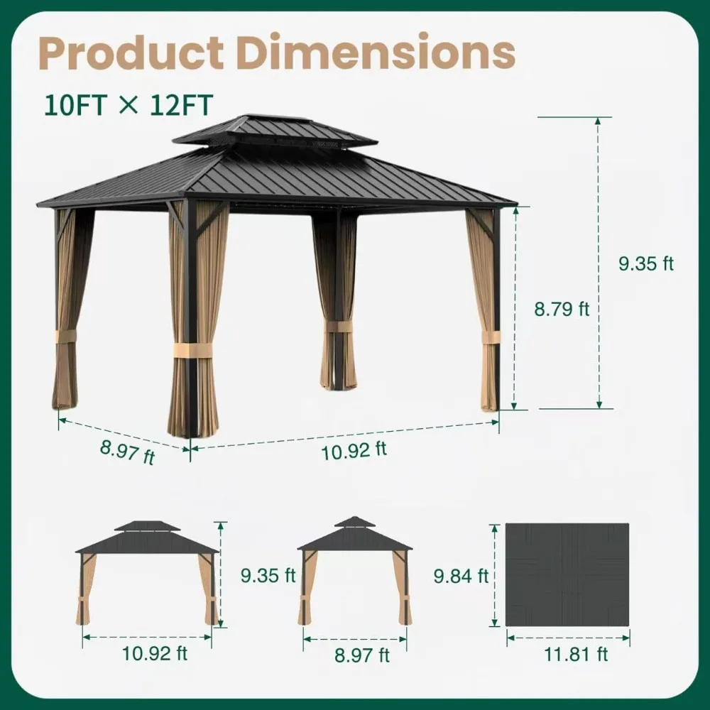

10x12ft Hardtop Gazebo Metal Pavilion Outdoor Pergola with Mesh Mosquito Netting And Curtains All-Weather Customizable Space
