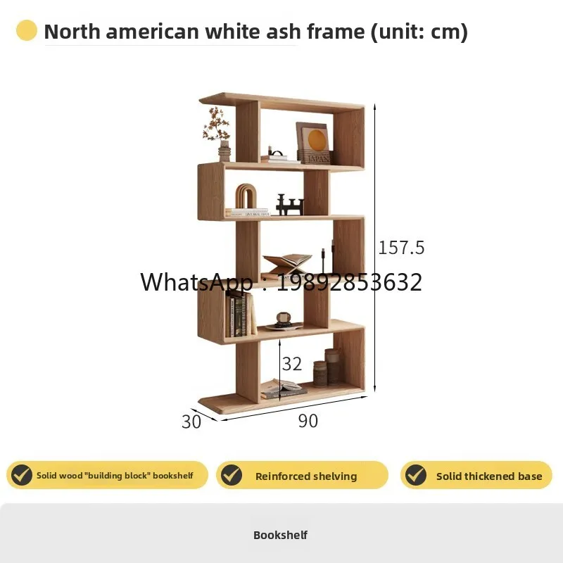 LYY White Ash Solid Wood Bookshelf Floor-standing Storage Rack Home Bookcase Simple Storage Living Room Wall-mounted Partition