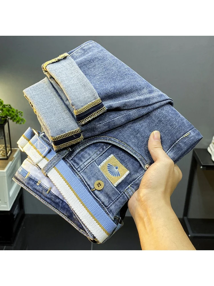 2024 spring new high end fashion brand jeans MEN\'S slim fit straight tube embroidered blue versatile washed casual Demin pants