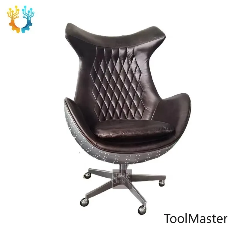 

[2026]Aviation Furniture Industrial Executive Luxury Chair Black Genuine Leather Revolving Stainless Steel Back Home Office