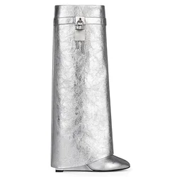 Wogq Luxury New Knee High Women's Boots Shark Lock Metalic Genuine Leather Long Thick Soled High-heeled Designer Shoes Silvery