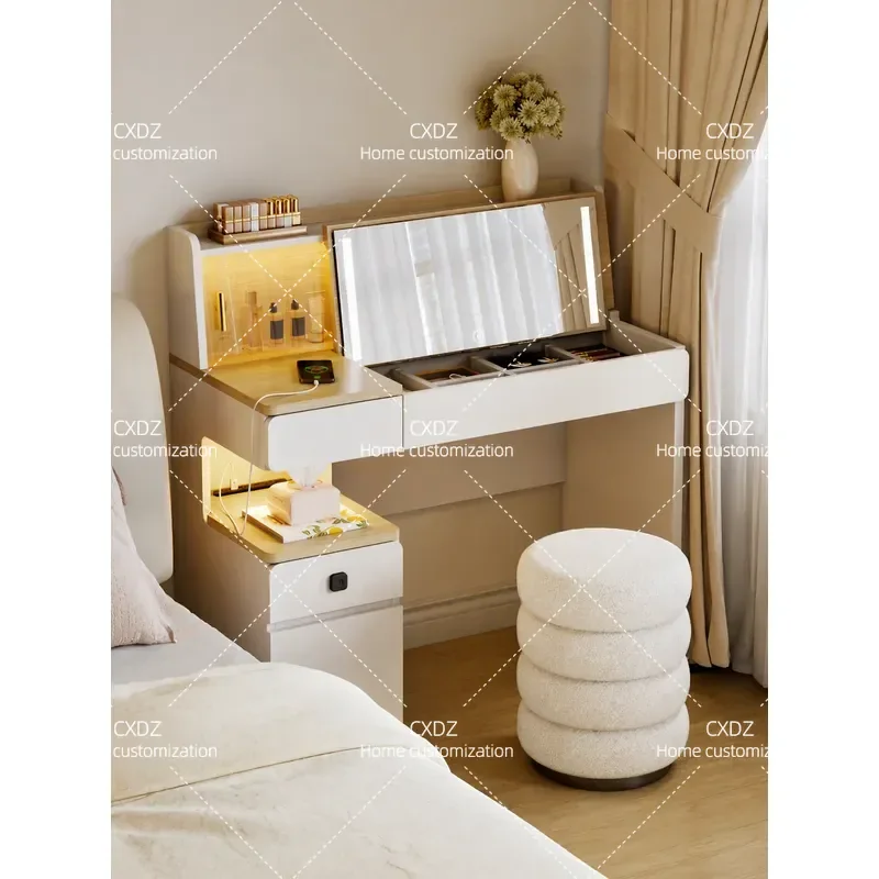 Solid wood flip dresser hidden mirror log cream wind bedroom small apartment 80cm bedside with lock makeup table