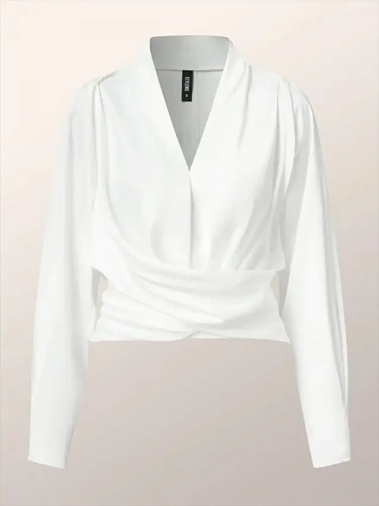 Yeezz Urban Female Elegant V-Neck Long Sleeves Pleated Tops Women 2025 New Fashion Solid Color Zipper Casual Office T-shirts