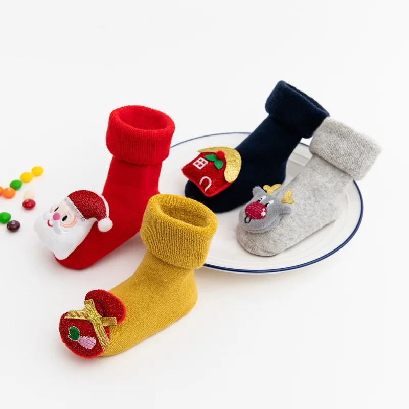 Children Christmas Floor socks Winter Terry Thicken Thermal Baby Long Anti-slip Socks Newborn Cute Cartoon Stocking 0-3 Years