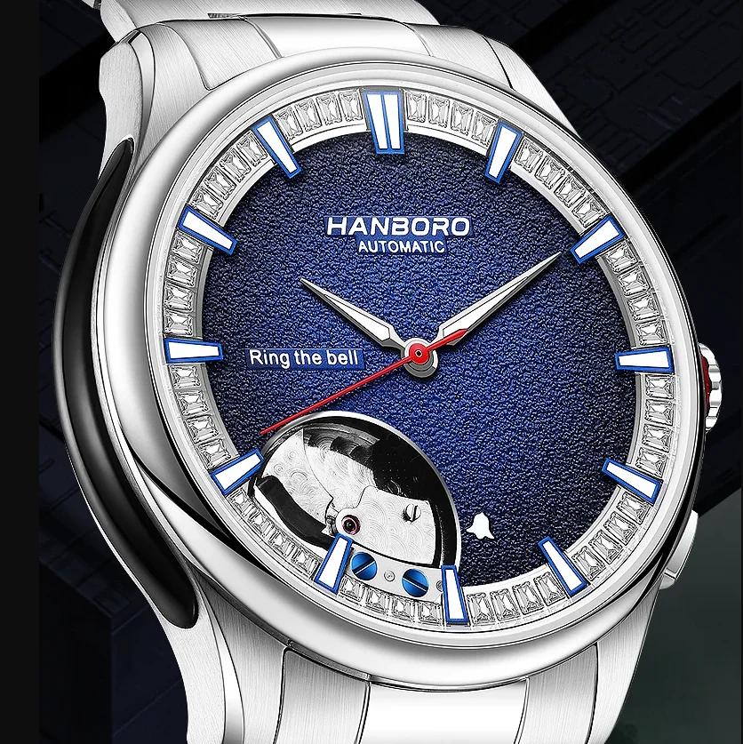 

HANBORO Мужские автоматические часы Роскошные 41,5 мм механические наручные часы с будильником Водонепроницаемые сапфировое светящееся кольцо Bell Miyota 9015