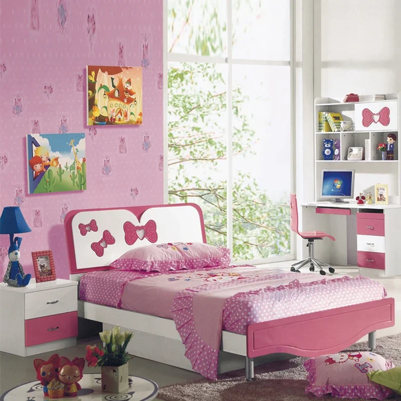 

Furniture Modern Home Pink Girls Room Single Children Bed Set Luxury Wooden Full Kids Bedroom Furniture
