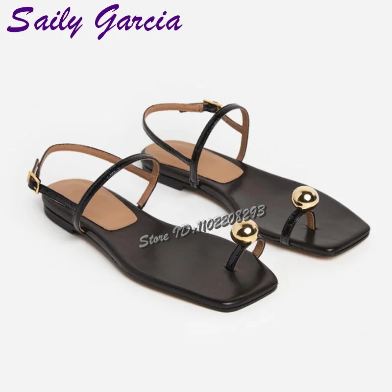 Metal Ball Flat with Sandals Retro Square Toe Buckle Strap Low Heels Sliders 2026 Summer Women's French Slip-on Gladiator Shoes