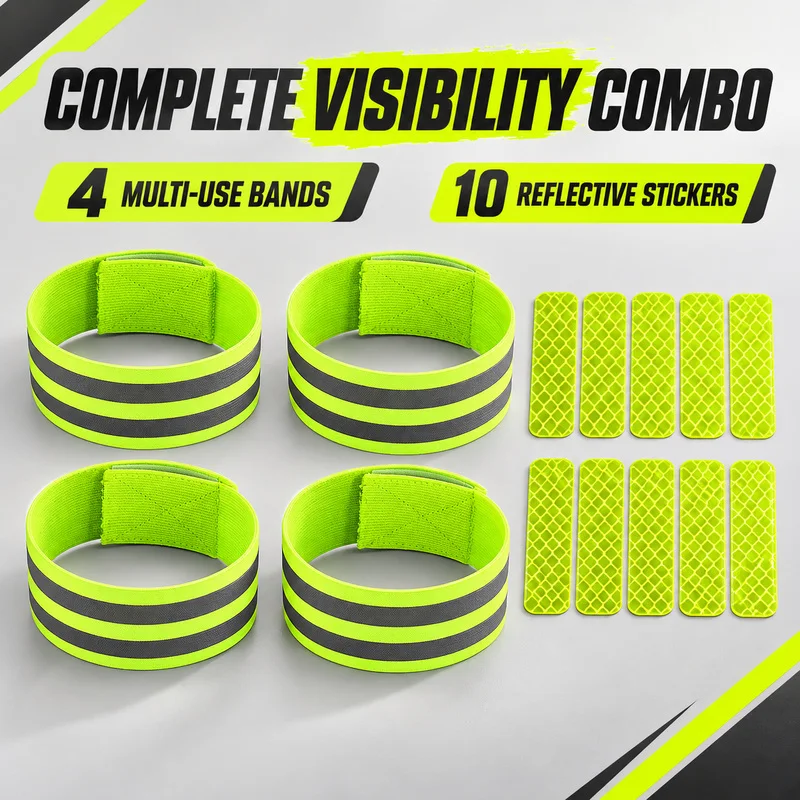 Reflective Cycling Safety Set Adjustable Bands and 30x80mm Self-Adhesive Stickers for Night Running Walking Bike Visibility
