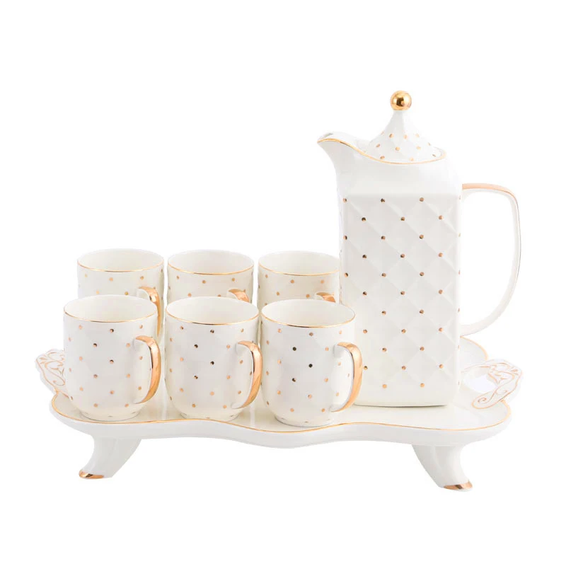 

Nordic Porcelain Golden 6 Coffee Mugs with Teapot Set Arabic Ceramic Tea Cups Teapot with Tray