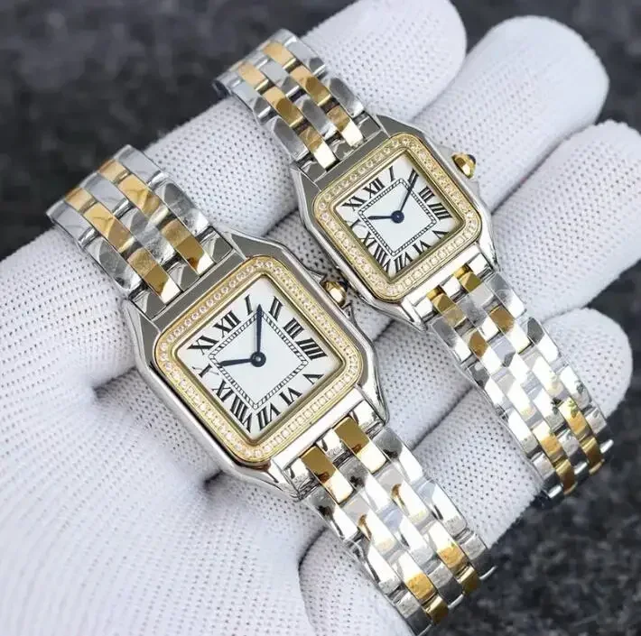 Luxus Neue Damen Dame Mädchen Uhr Gold Silber Stahl Weibliche Damen Quarz Quadratische Uhren mit Diamant Saphirglas