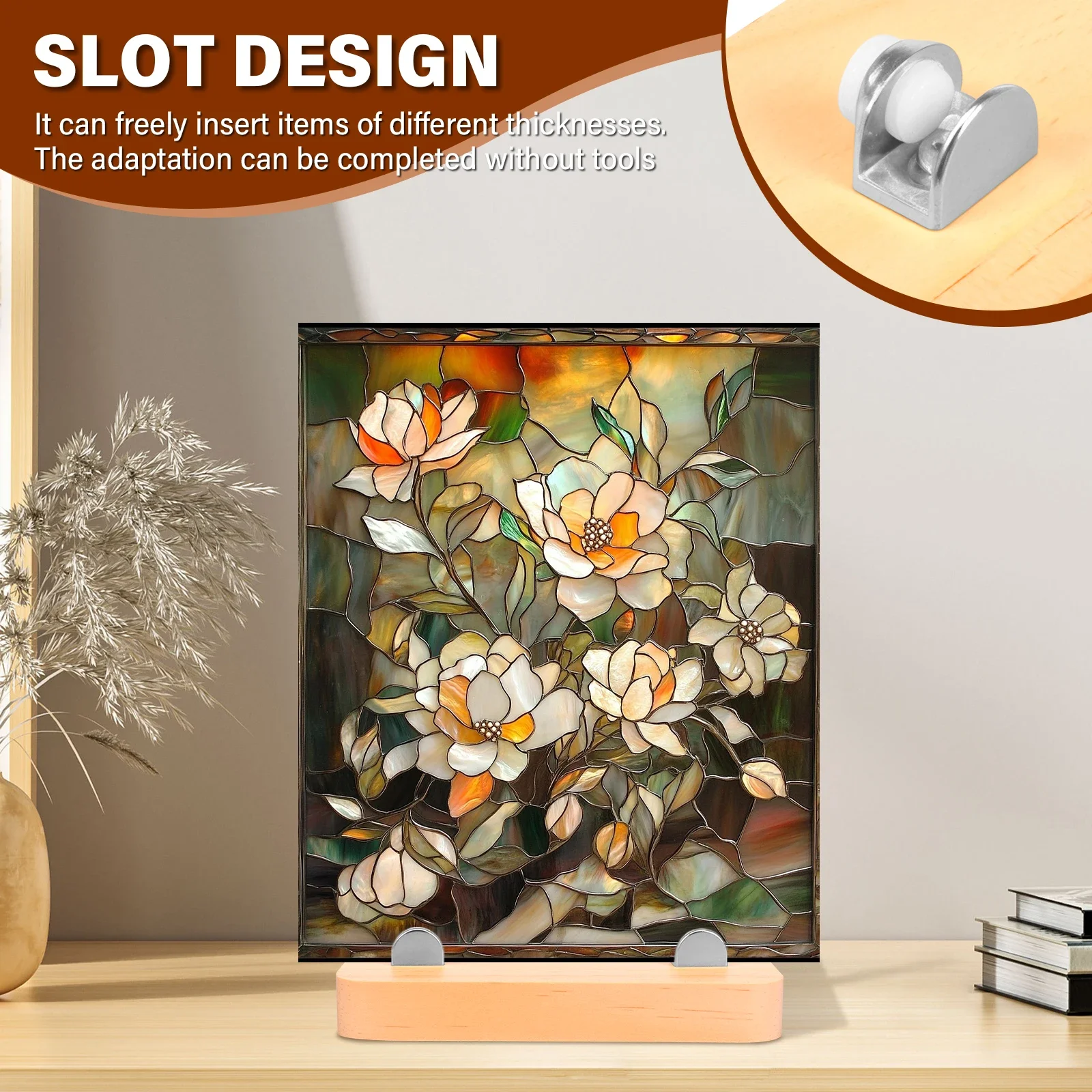 2/4Pcs Wood Adjustable Glass Display Stand Stained Glass Stand for Ceramic Tile Plate Collectible Photo Hardcover Book