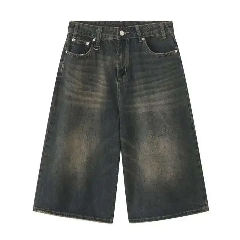 Korean Style Vintage Men's Jeans Summer Loose Male Wide Leg Knee Length Shorts New Washed Fashion Short Denim Pants