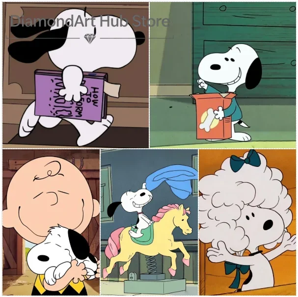 5D DIY Diamond Painting Cute Snoopy Peanuts Cartoon Art, Snoopy With Book, Opening Gift Box, Hugged By Charlie Brown, Riding