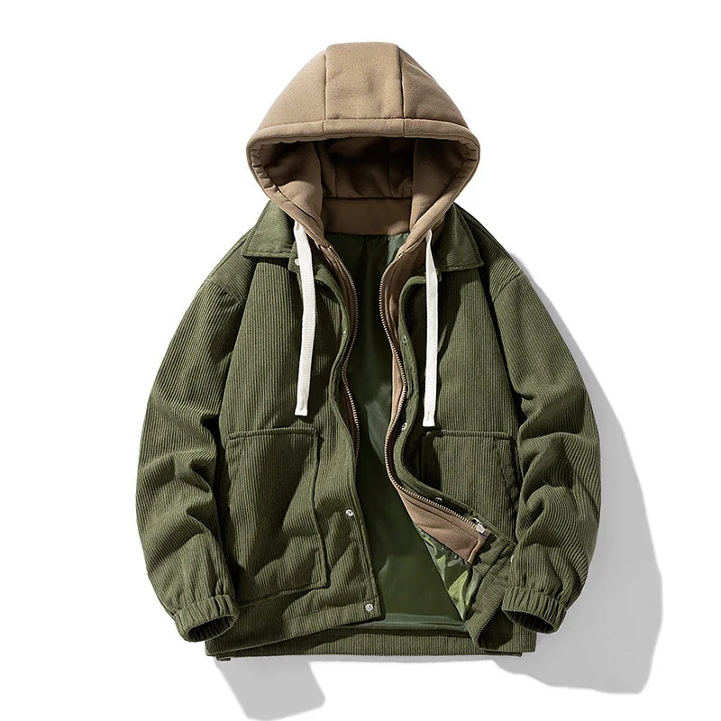 New Fashion Men Hooded Winter Corduroy Jackets Fleece Warm Down Jackets Male Fake Two-piece Sweatshirt Jackets Coats Size 4XL
