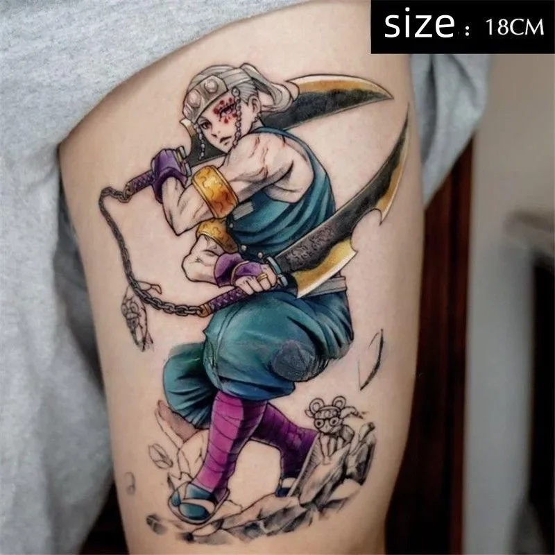 Kimetsu No Yaiba Anime Uzui Tengen Tato Sementara Kartun Tato Lengan Seni Tubuh Tahan Air Stiker Tato Palsu untuk Wanita Pria