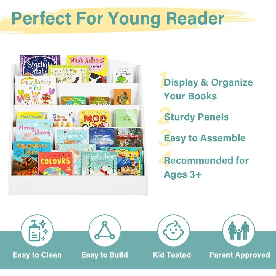 Rak Buku Kayu 5 Tingkat untuk Ruang Kelas, Ruang Bermain, dan Kamar Bayi, Rak Pajangan Buku Balita dengan Desain Aman dan Penyimpanan Luas