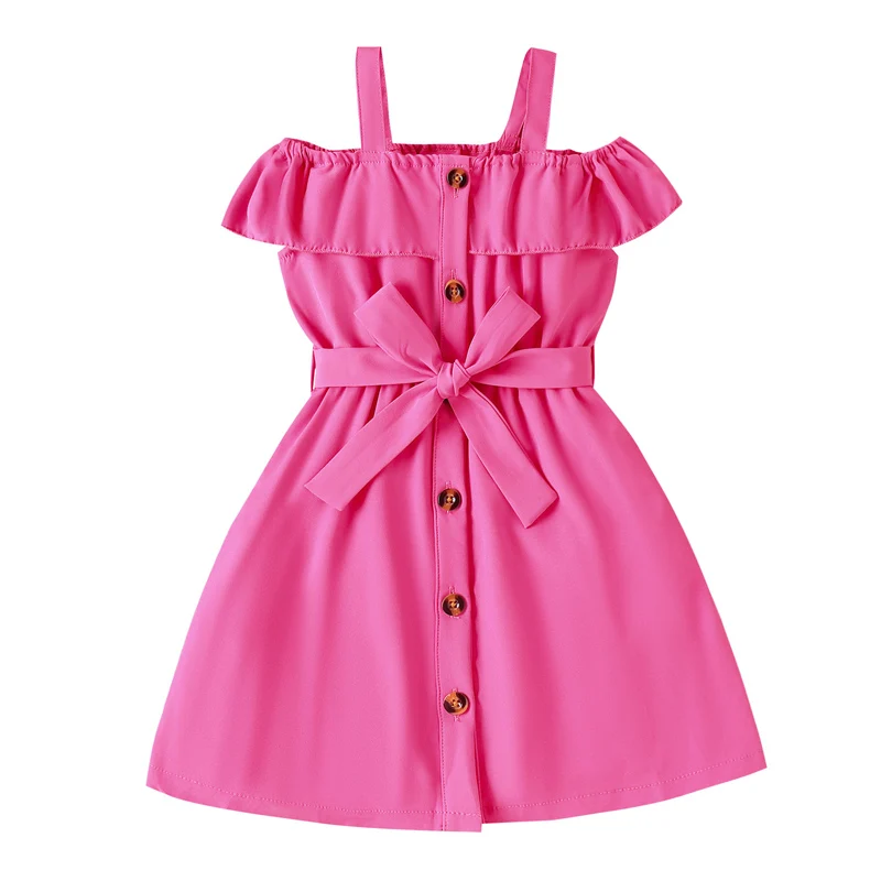 Kids Girls Dress Solid Color Ruffles Straps Boat Neck Off Shoulder Casual Dress Summer Princess Dress with Belt