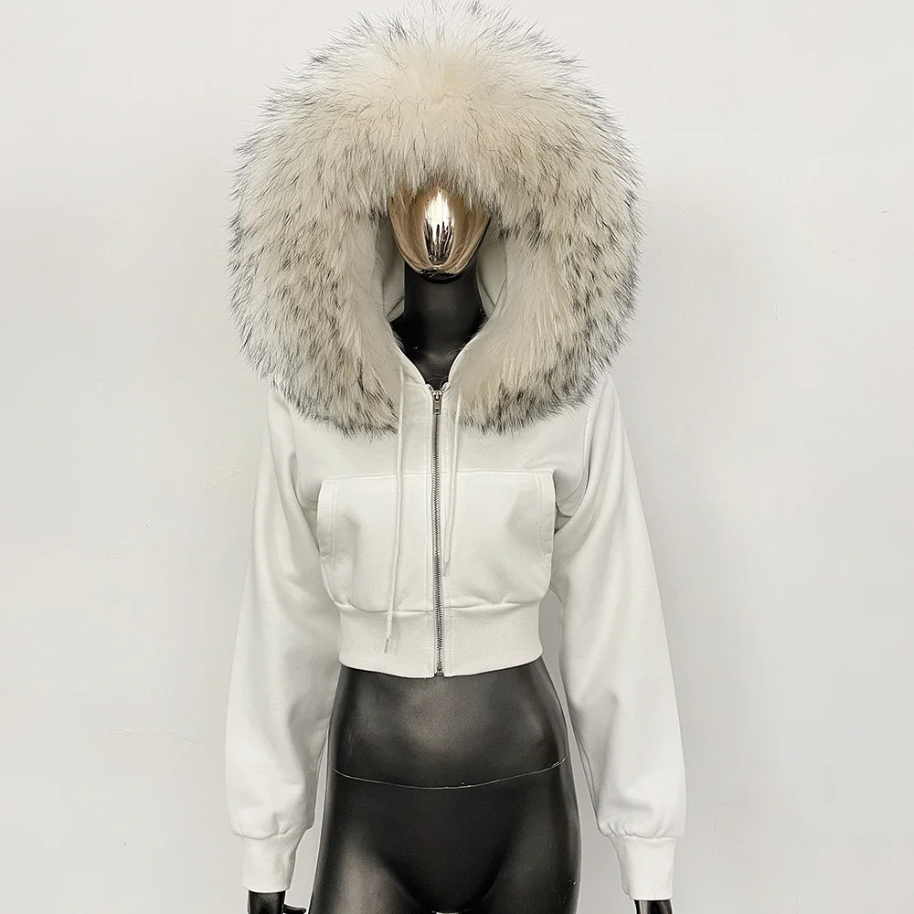 OFTBUY Lässige neue Winter-Oberbekleidung für Damen, echte Fuchspelz-Kapuzenjacke, kurze Jacke mit Reißverschluss und flauschigem Waschbärpelzbesatz. – Detail 11
