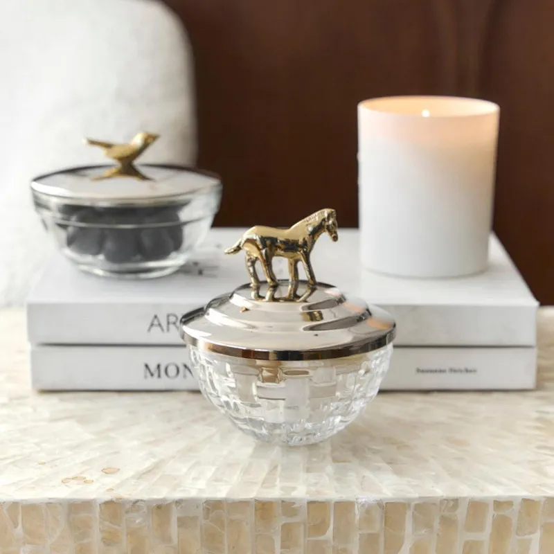 Indian bird golden horse shape storage jar, transparent glass jar storage box, soft decoration, home decoration