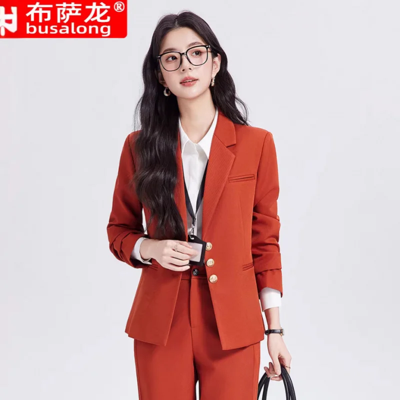 Khaki women's suit set, high-end, casual business style, suitable for college student interviews, professional formal wear, thre