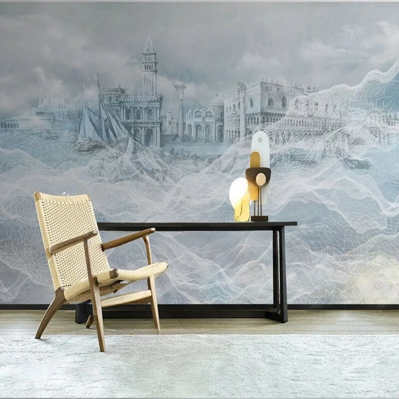 

MU8961 Hand-painted TV background wall featuring a silhouette of the city with waves paintings