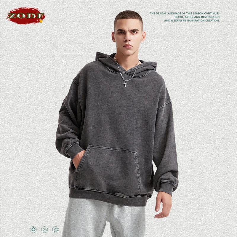 ZODF 2023 Autumn Winter Men 420gsm Hoodies Streetwears High Street Heavy Weight Washed Cotton Sweatshirts Brand Tracksuit HY0307