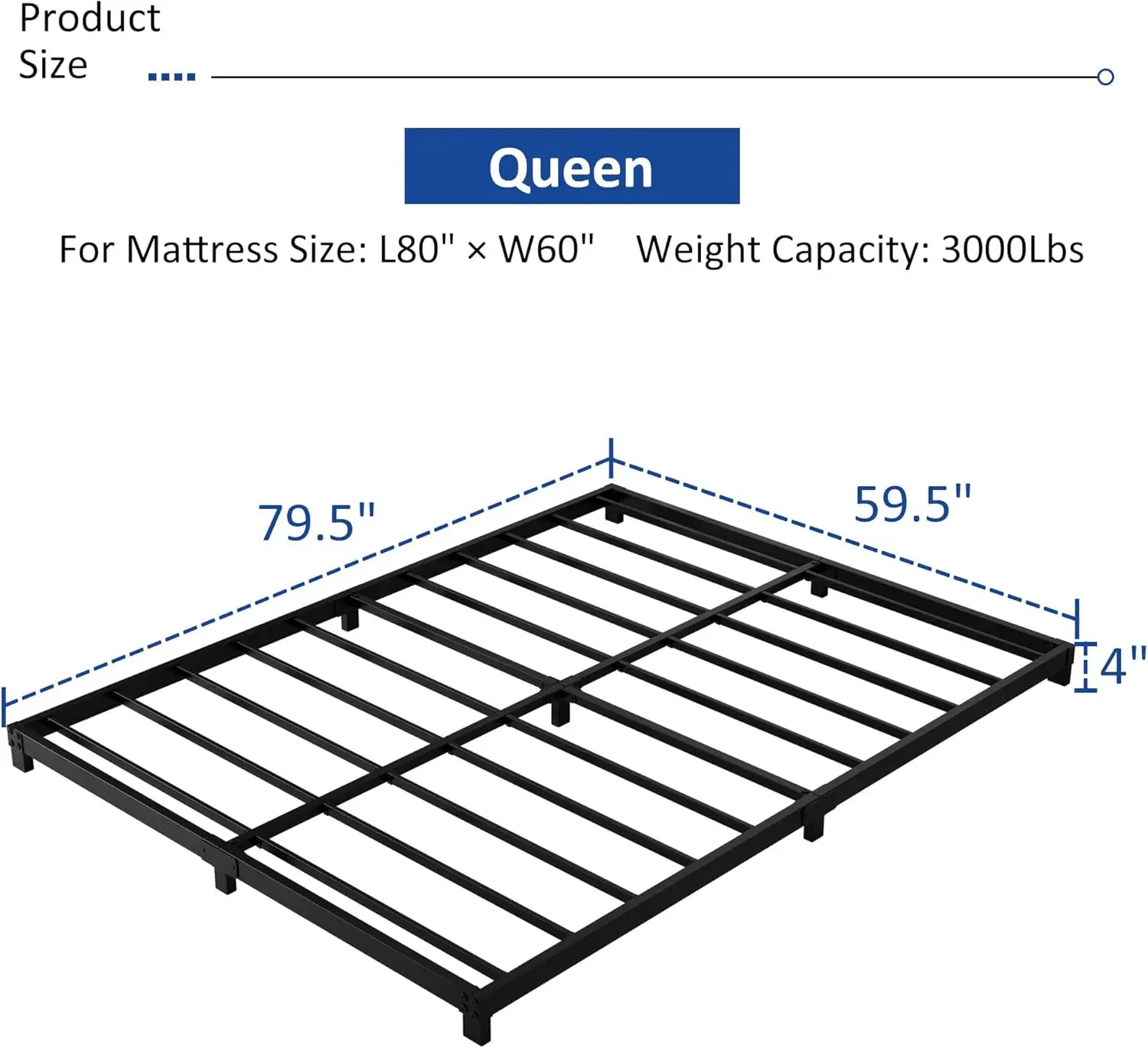 4 Inch Queen Bed Frame, Heavy Duty Metal Platform Low Bed Frame Queen Size, No Box Spring Needed,Noise Free, Easy Assembly,Black