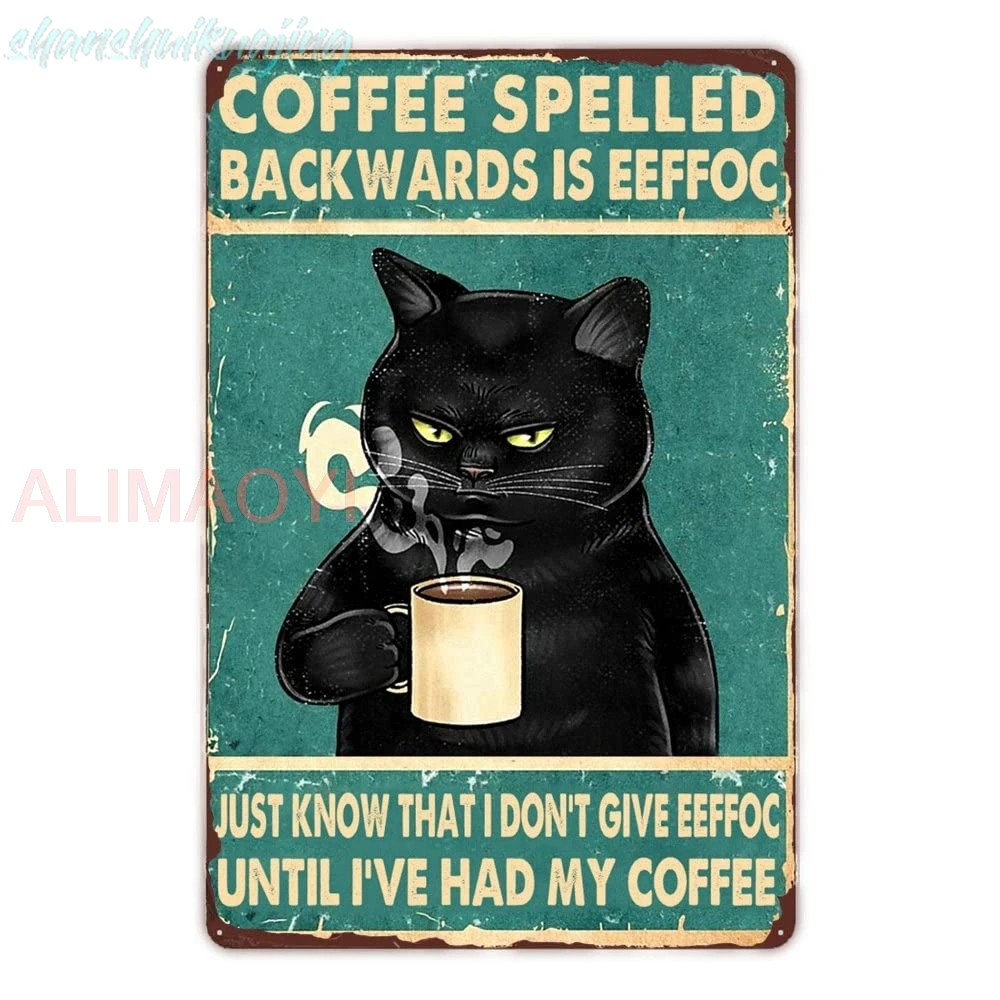 Coffee Spelled Backwards is Eeffoc - Funny Kitchen Signs Black Cat Decor - Humor Cat Retro Metal Signs for Cafe Bar Kitchen sign