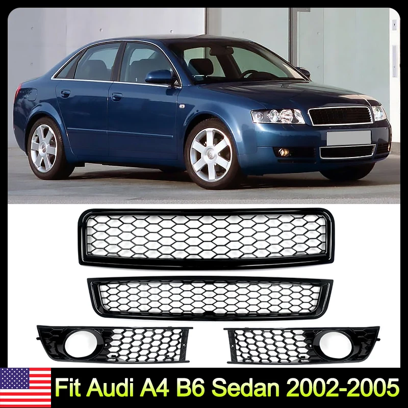 

Передние решетки в сборе, совместимые с Audi A4 B6 2002-2005, сотовая передняя верхняя и нижняя решетка и решетка противотуманных фар послепродажного обслуживания