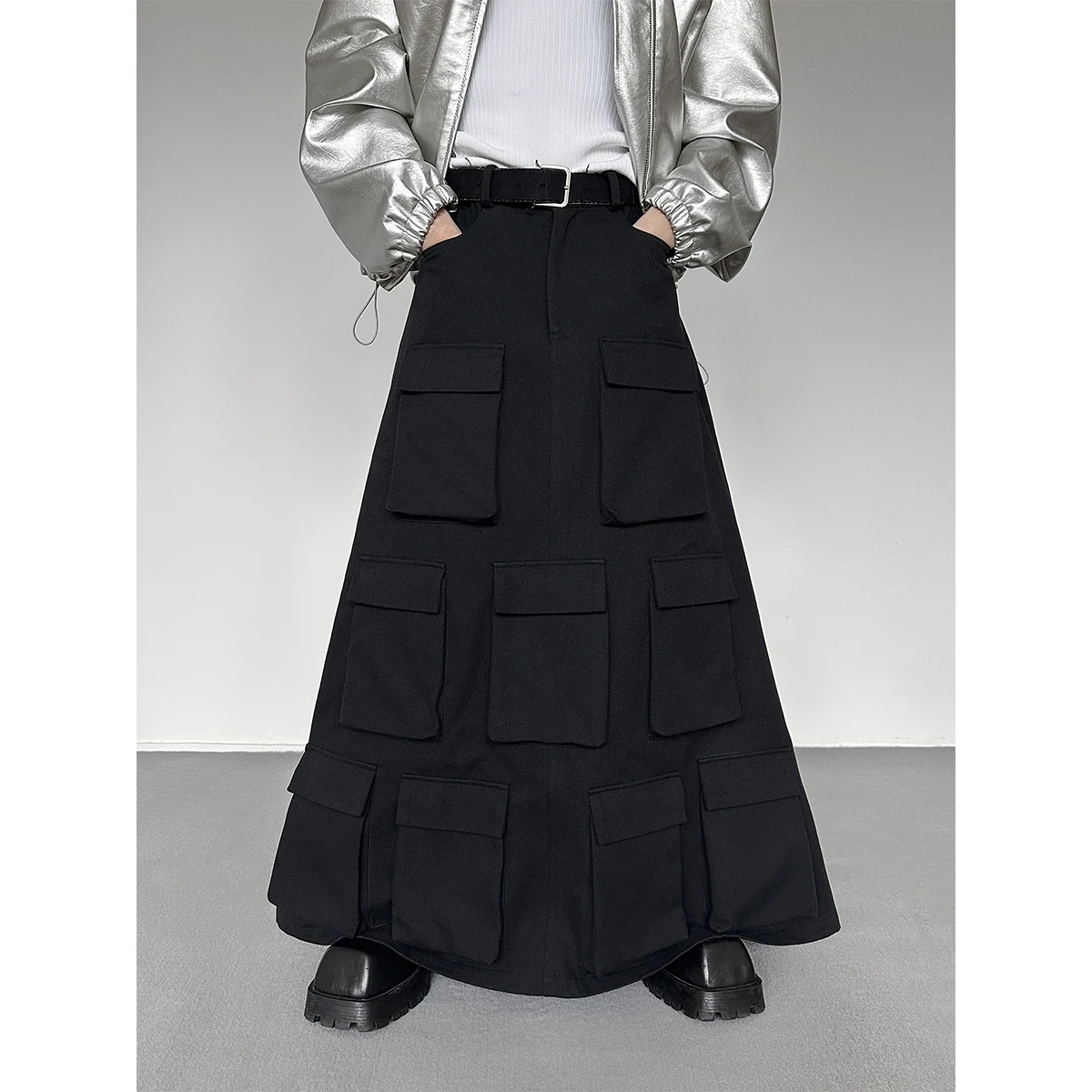 

Костюм с юбкой без пола в японском стиле Ямамото, модная мужская длинная черная юбка с несколькими карманами, модный подиумный костюм в стиле Хай-стрит