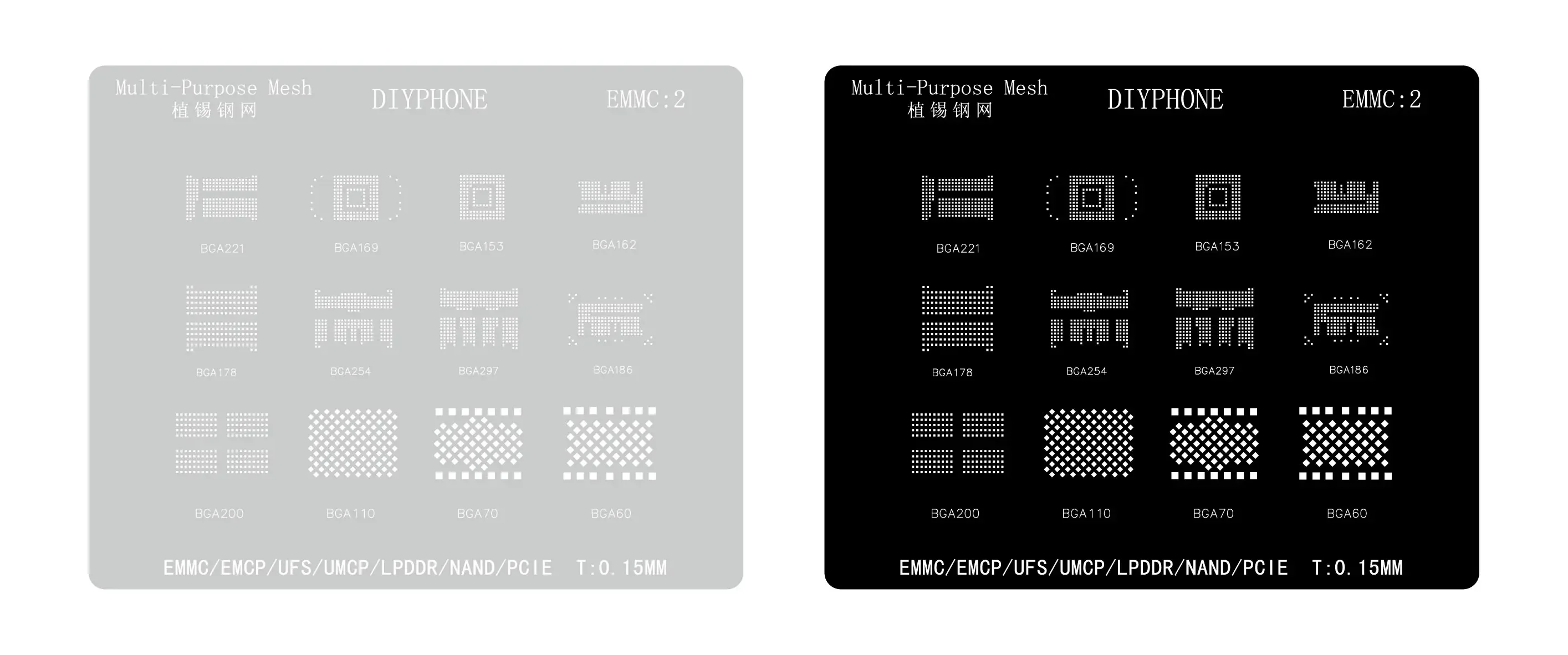 PHONEFIX-Silver BGA Reballing Stencil para Celular, Tin Planting Repair, Universal BGA Steel Mesh, EMMC1 EMMC2, 0.15mm