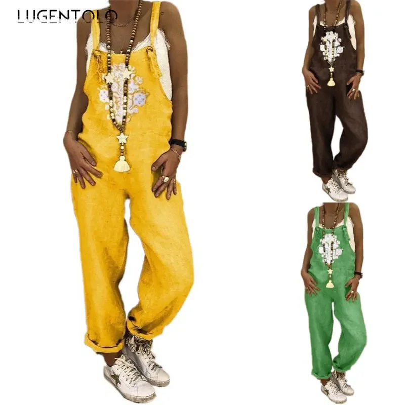 Linen Overalls Jumpsuit Women Casual Print Sleeveless Summer Loose Female Suspenders Straight Leg Fashion New Streetwear