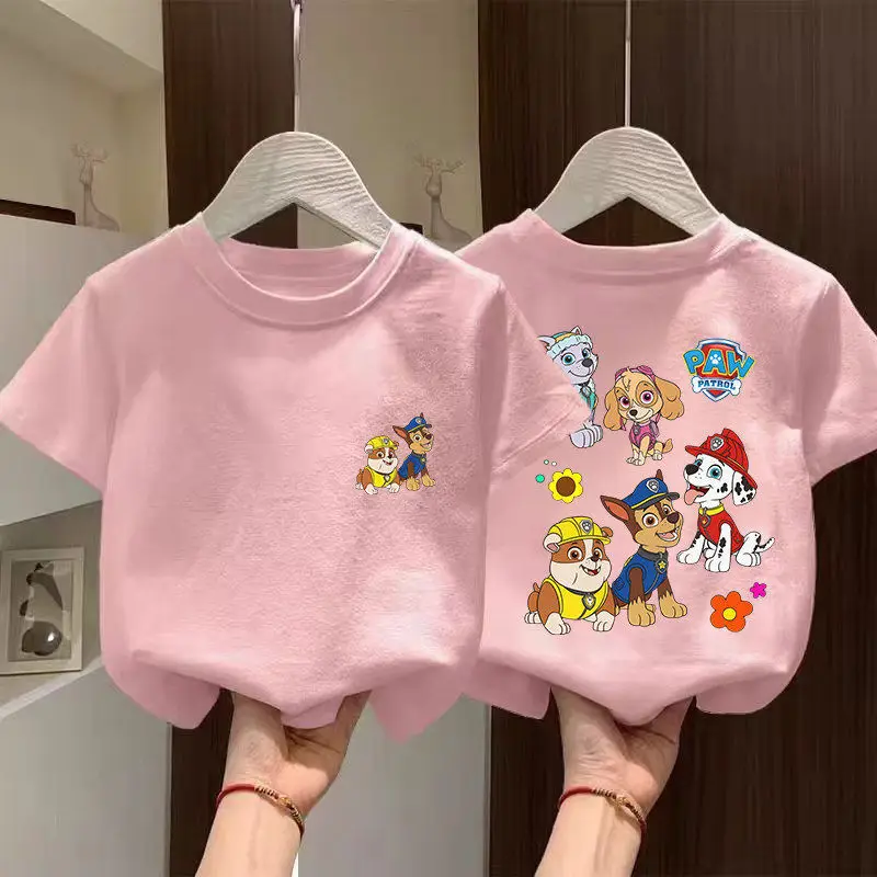 Double‑Sided PAW Patrol Kids T‑Shirt Pink Cartoon Dog Print Short Sleeve Tees For Girls Summer Casual Toddler Children Tops