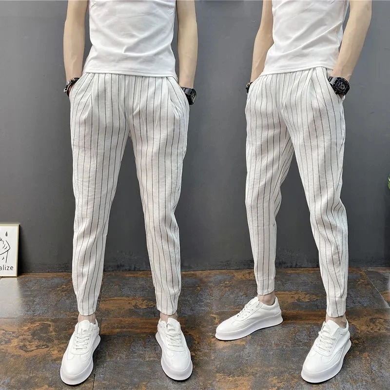 Spring Summer Thin Stripe Harlan Pants Men Trend Youth Nine-Point Pants Wild Casual Korea Fashion Elastic Slim Trousers Male New