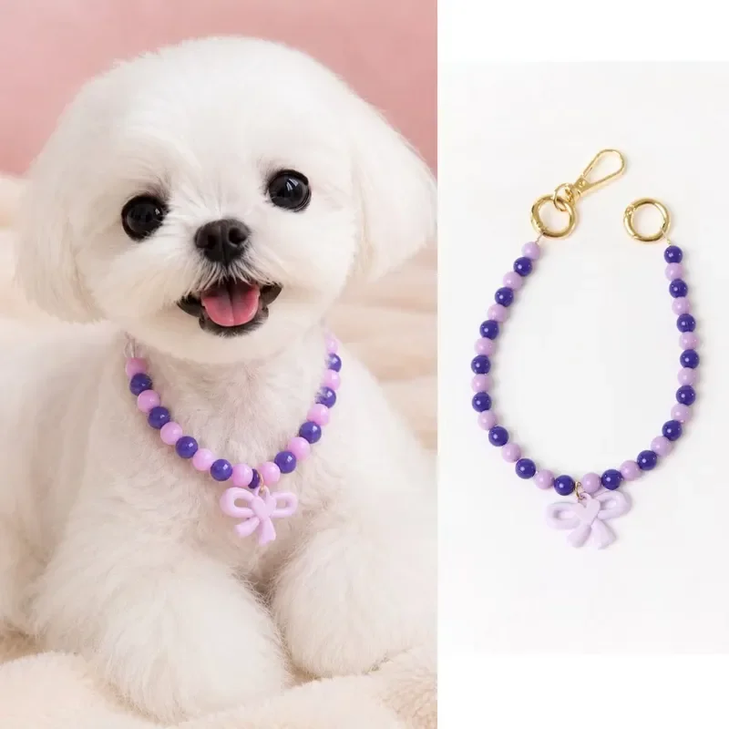 Cute pet necklace cat dog collar dopamine bow beaded jewelry small dog wholesale cross-border hot