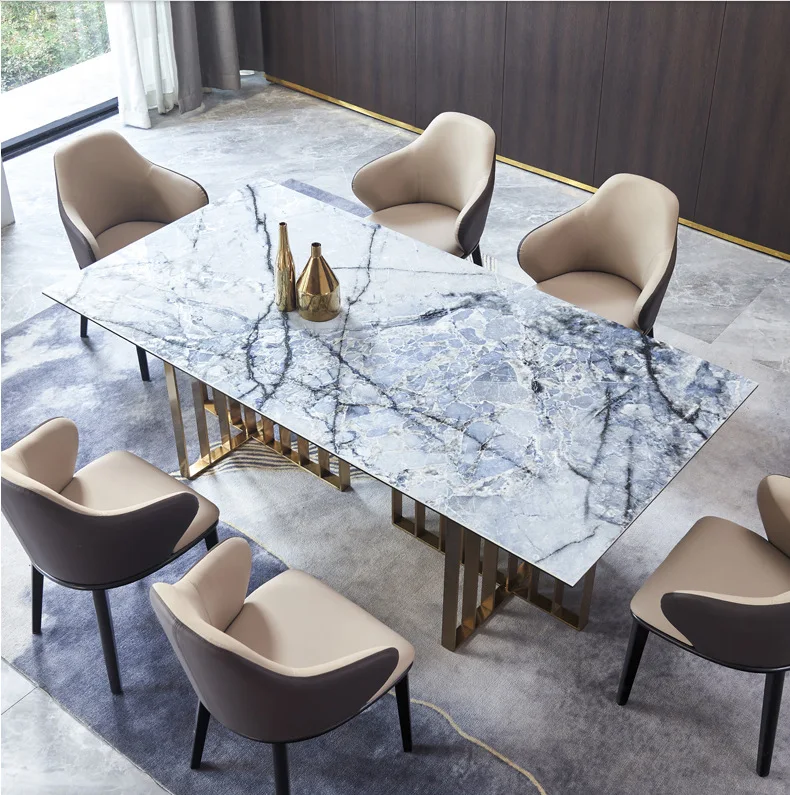 Bright rock slab dining table, small household rectangular luxury rock slab dining table and chair combination